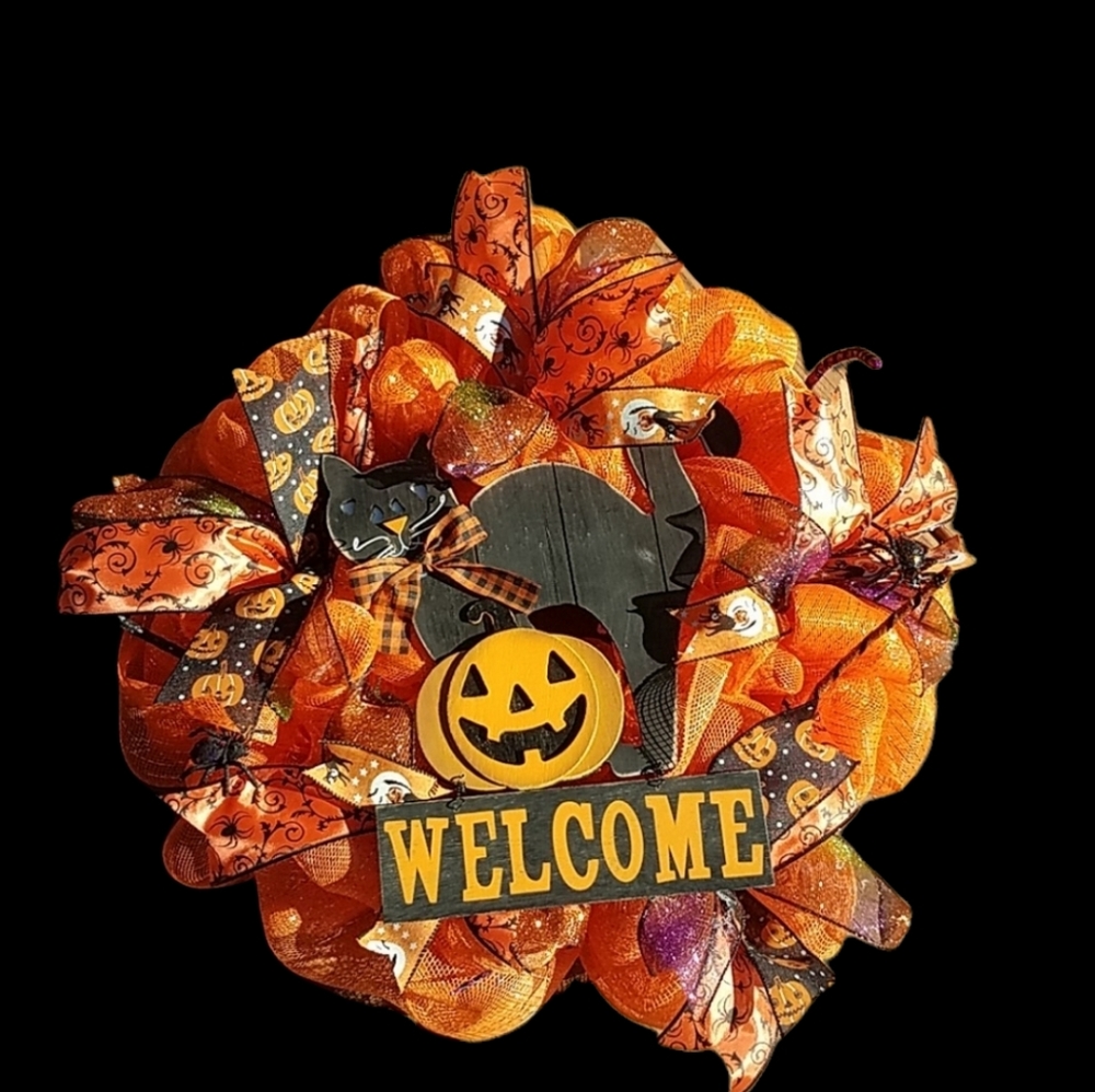 BLACK CAT 🐈 HALLOWEEN 🎃 DECO MESH WREATH